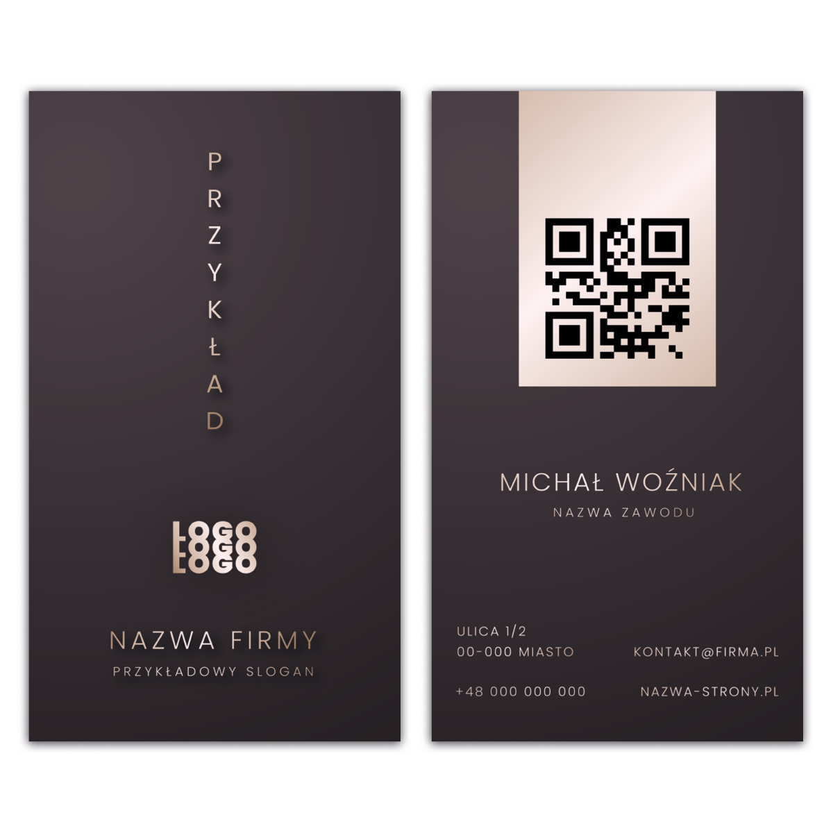 Wizytówki pionowe brązowe QR projekt