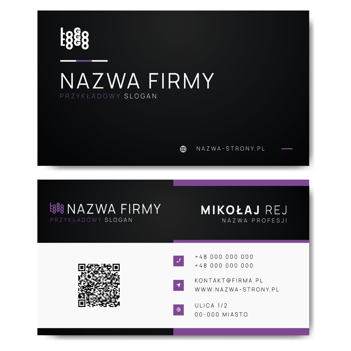 Wizytówki czarno-białe fiolet QR projekt