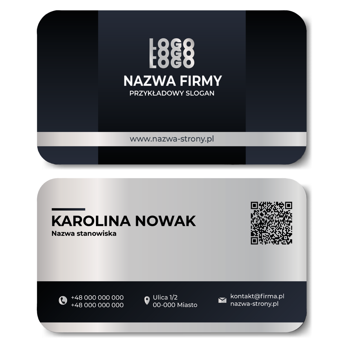 Wizytówki zaokrąglone srebrne QR projekt