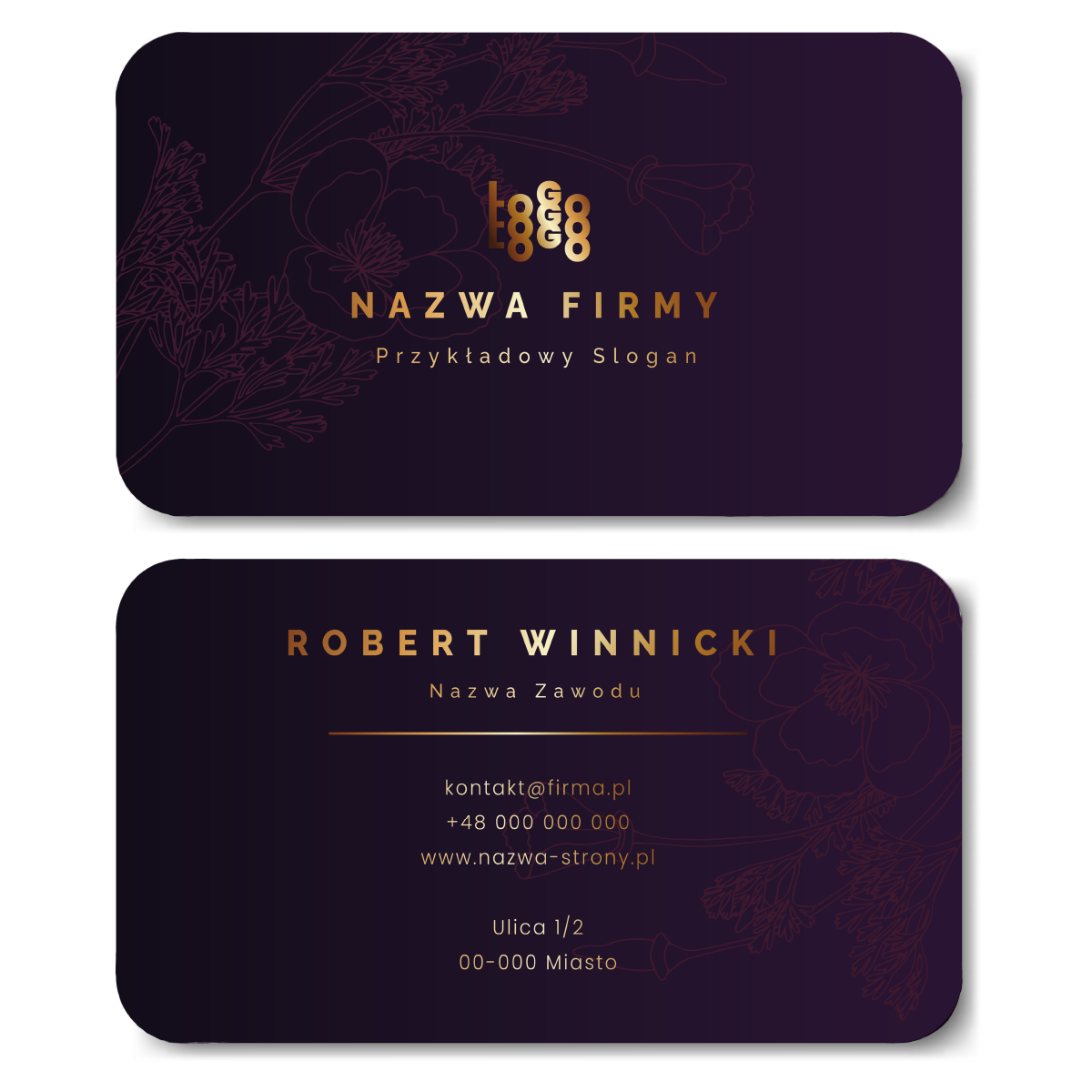 Wizytówki okrągłe fiolet złote projekt