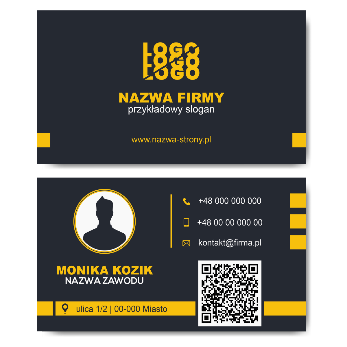 Wizytówki granatowe zółte QR mat 350g 90x50cm PROJEKT GRATIS