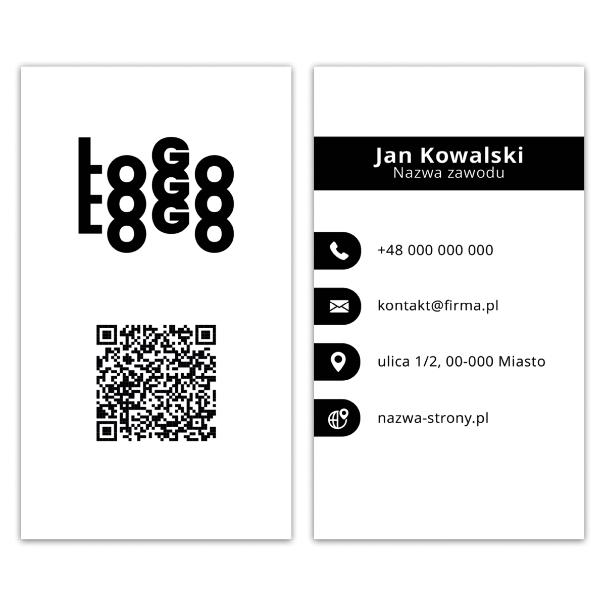 Wizytówki pionowe biało-czarne QR projekt