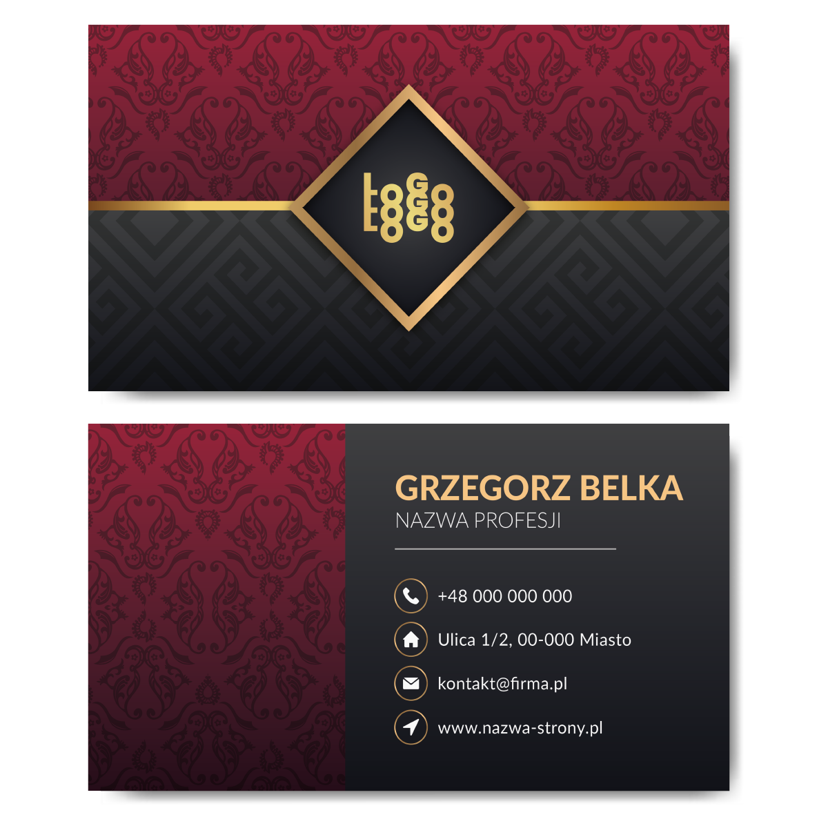 Wizytówki bordowe złoto gruby papier mat 350g PROJEKT W CENIE