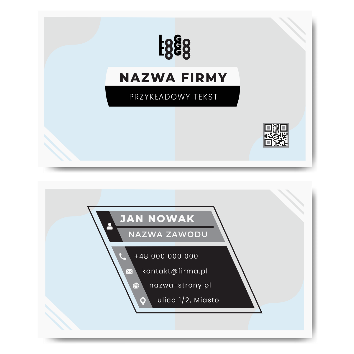 Wizytówki błękitne ramka QR szablon