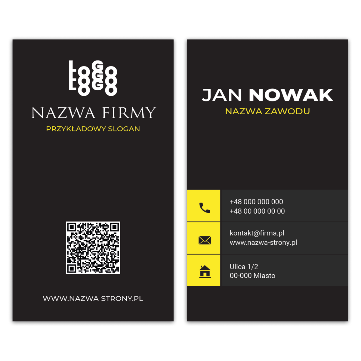 Wizytówki pionowe czarne żółte QR projekt