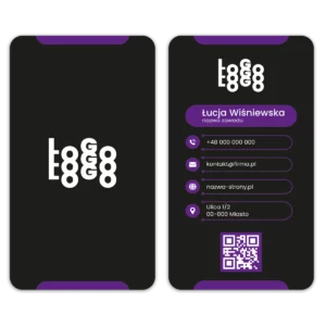 Wizytówki pionowe fioletowe QR projekt