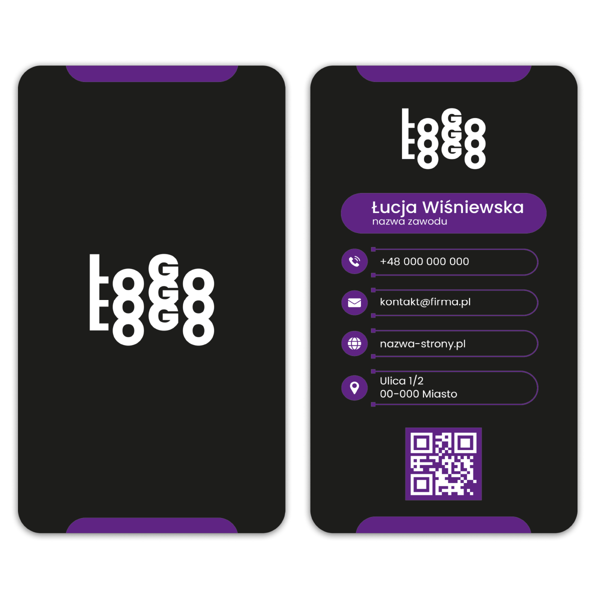 Wizytówki pionowe fioletowe QR projekt